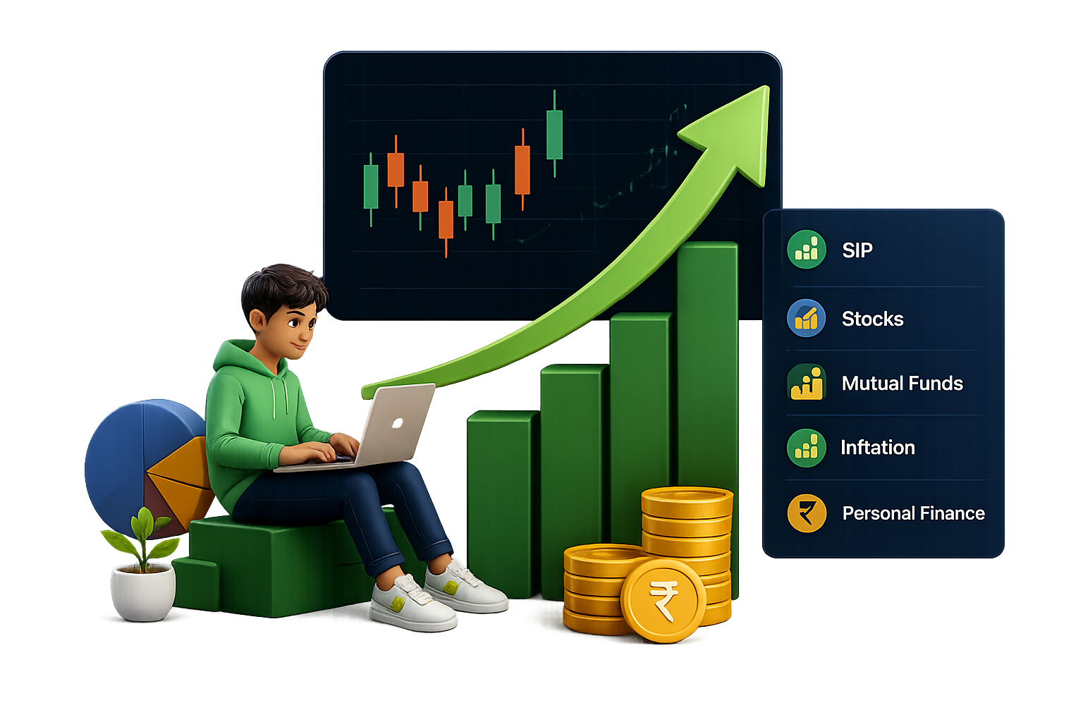 Investment growth chart and coins